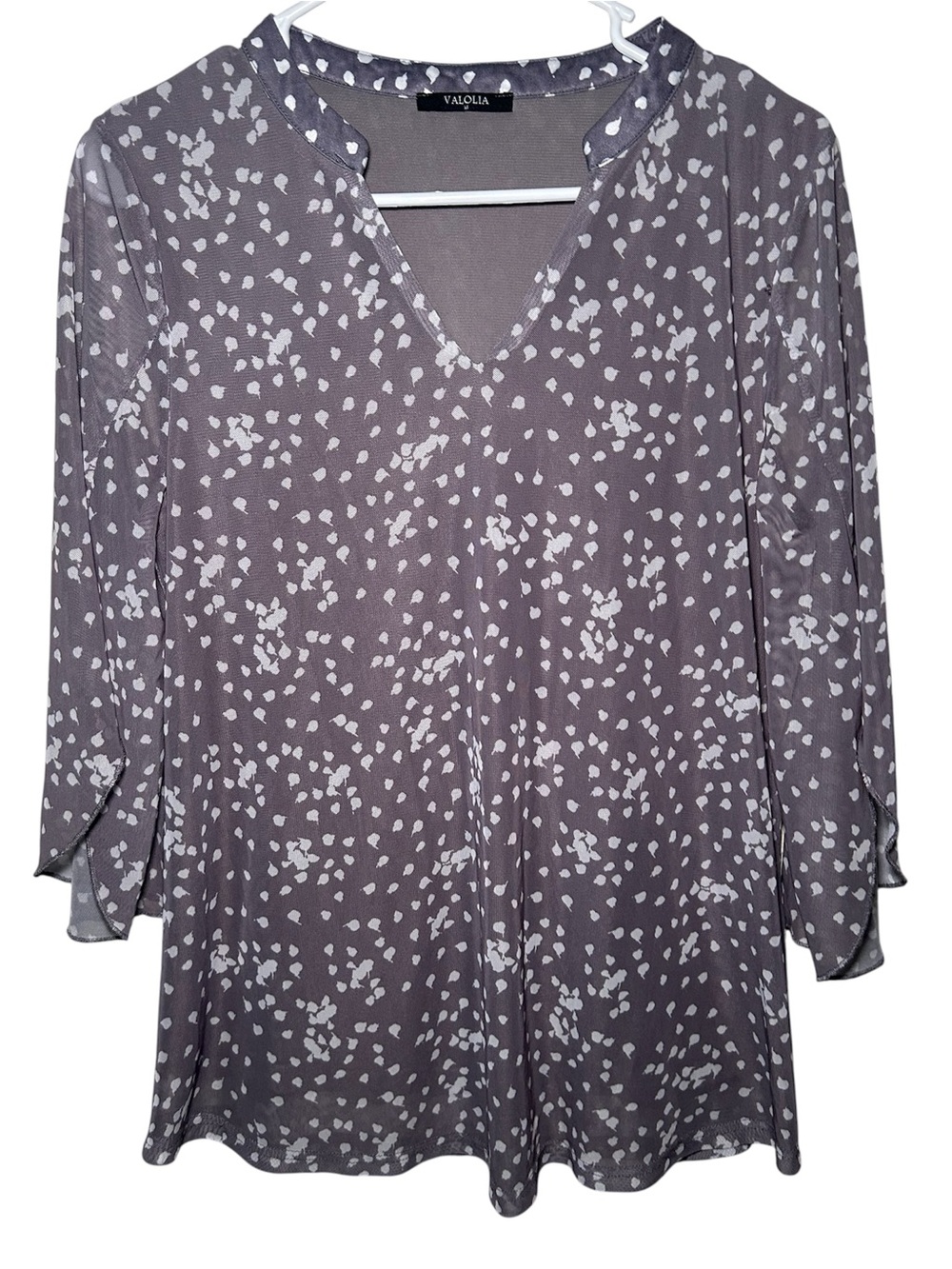 Vaolia Women's Taupe Gray Floral Print V-Neck Top Long Sleeve Sheer Light